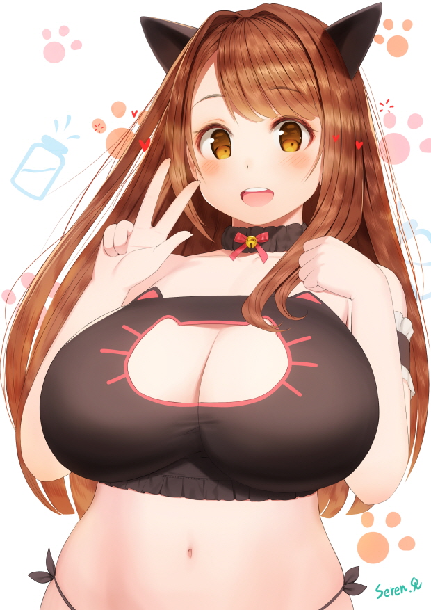 1girl animal_ears breasts brown_eyes brown_hair cat_cutout cat_ears cat_lingerie cleavage cleavage_cutout large_breasts long_hair looking_at_viewer meme_attire midriff open_mouth original rak_(kuraga) upper_body