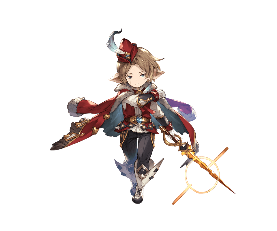 1boy belt blue_eyes boots brown_hair crying feathers fur_trim gloves granblue_fantasy harbin hat jacket_on_shoulders male_focus minaba_hideo official_art solo sword transparent_background vermeil weapon