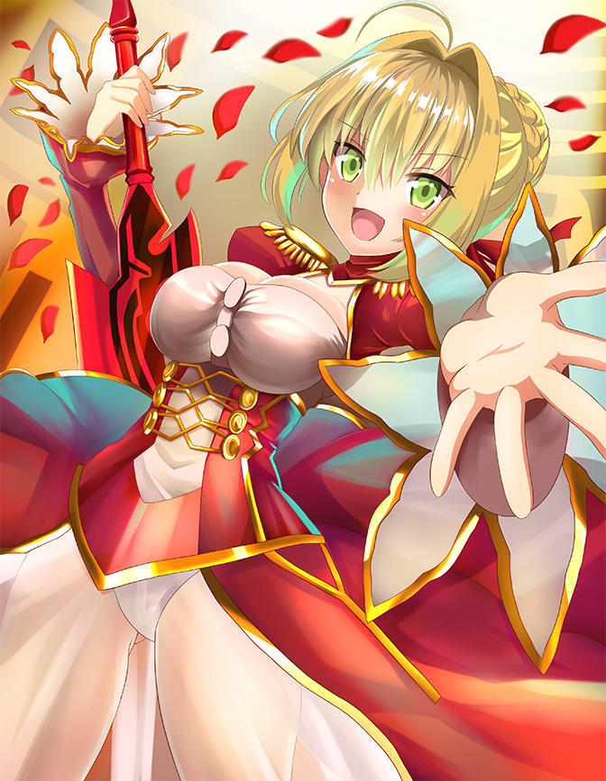 &gt;:d 1girl :d aestus_estus ahoge arm_up bangs blonde_hair blush breasts cleavage_cutout commentary_request cowboy_shot dress dutch_angle epaulettes eyebrows_visible_through_hair falling_petals fate/extra fate_(series) foreshortening gluteal_fold green_eyes hair_between_eyes hair_bun hair_intakes holding holding_sword holding_weapon juliet_sleeves large_breasts long_sleeves looking_at_viewer motion_blur open_mouth outstretched_arm panties petals puffy_sleeves reaching_out red_dress rose_petals saber_extra see-through shiny shiny_hair short_hair smile solo standing sword thighs turtleneck underbust underwear vermentino weapon white_panties wind