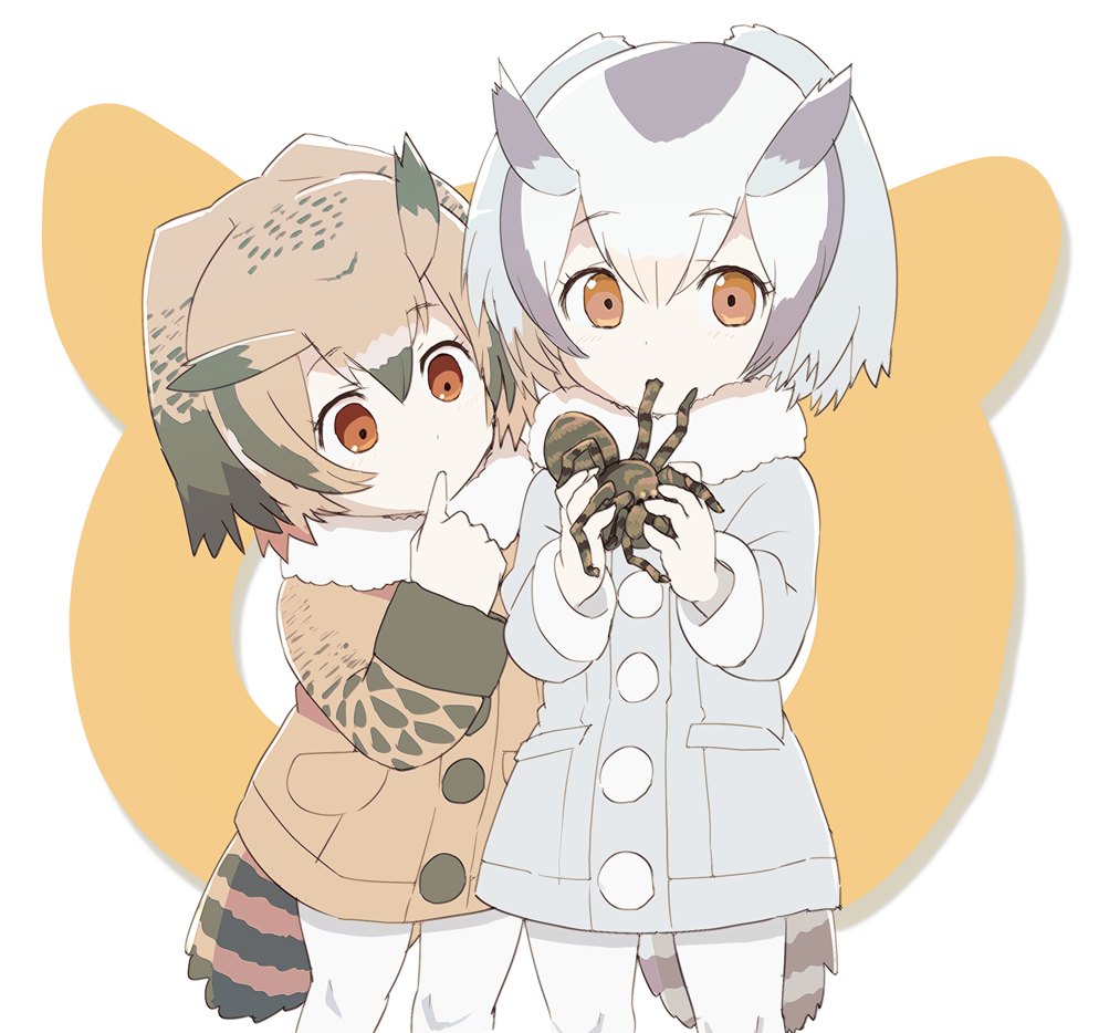 2girls animal blonde_hair blush brown_coat brown_eyes brown_hair buttons child coat dot_nose eating eurasian_eagle_owl_(kemono_friends) eyebrows eyebrows_visible_through_hair eyelashes finger_to_mouth fur_collar grey_coat grey_hair grey_legwear hair_between_eyes holding holding_animal index_finger_raised japari_symbol kemono_friends large_buttons long_sleeves looking_at_another looking_at_viewer multicolored_hair multiple_girls northern_white-faced_owl_(kemono_friends) pantyhose pocket samidare short_hair sleeve_cuffs spider tail tareme white_background