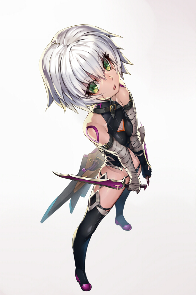 1girl assassin_of_black bandaged_arm bare_shoulders black_gloves black_legwear breasts dual_wielding essual_(layer_world) fate/apocrypha fate_(series) fingerless_gloves gloves green_eyes holding holding_weapon looking_at_viewer parted_lips sheath short_hair simple_background solo thigh-highs weapon white_background white_hair