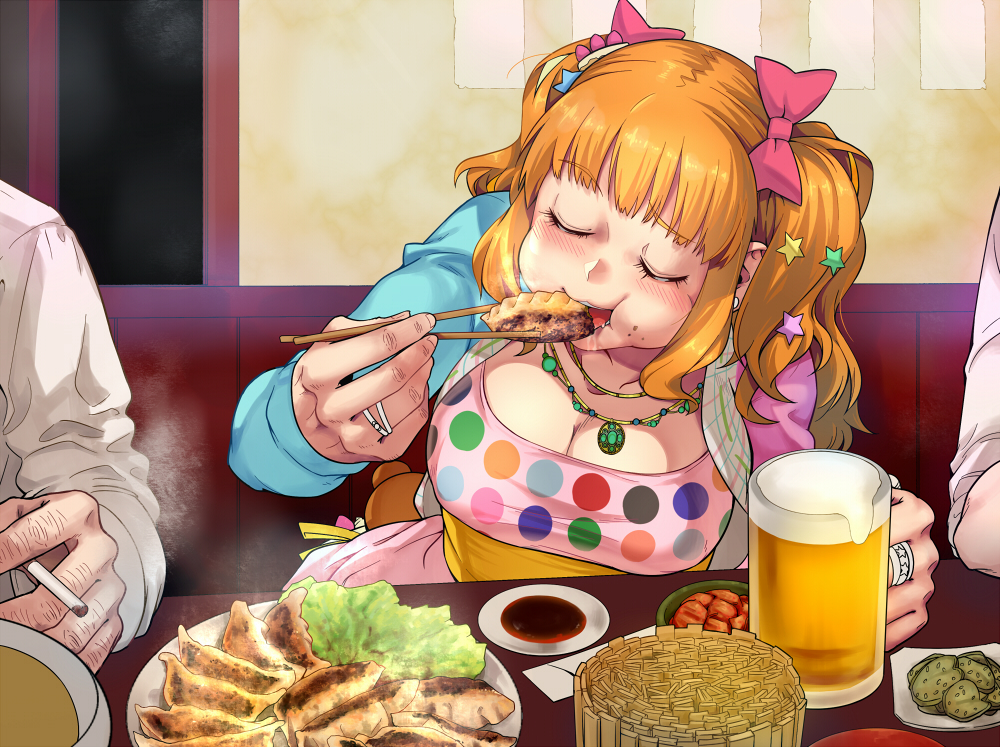 1girl 2boys alcohol bangs beer beer_mug blunt_bangs blush booth bow breasts cheek_bulge chopsticks cigarette cleavage closed_eyes commentary_request cup drinking_glass dumpling earrings eating food food_on_face hair_bow hair_ornament hair_ribbon idolmaster idolmaster_cinderella_girls indoors jewelry jiaozi koutamii large_breasts long_sleeves moroboshi_kirari multicolored multicolored_clothes multicolored_polka_dots multiple_boys necklace open_mouth orange_hair out_of_frame pendant pickle plate plump polka_dot polka_dot_shirt pov_across_table ring shirt star star_hair_ornament table twintails