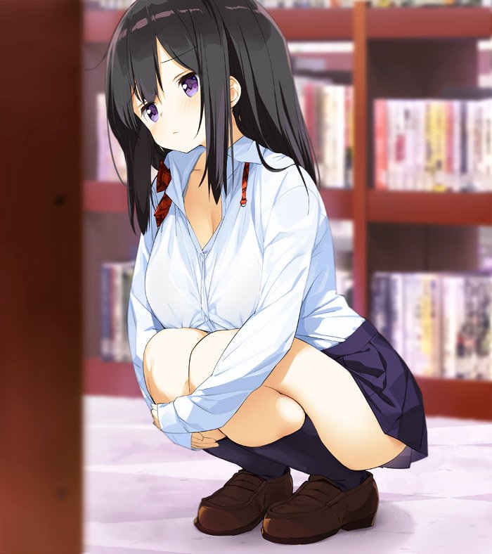 1girl :&lt; black_hair black_legwear blush book bookshelf breasts carpet cleavage collarbone collared_shirt eyebrows_visible_through_hair hands_on_own_leg kaisen_chuui large_breasts legs_together library long_hair long_sleeves looking_to_the_side original shirt shoes skirt solo squatting undone_necktie violet_eyes white_shirt