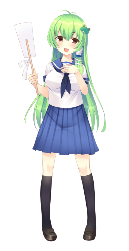 1girl :d ajiriko black_shoes blue_skirt blush breasts brown_eyes cowlick frog_hair_ornament full_body green_hair hair_ornament hair_tubes kochiya_sanae large_breasts long_hair looking_at_viewer neckerchief open_mouth school_uniform serafuku shirt shoes short_sleeves skirt smile snake_hair_ornament solo standing tachi-e touhou white_shirt