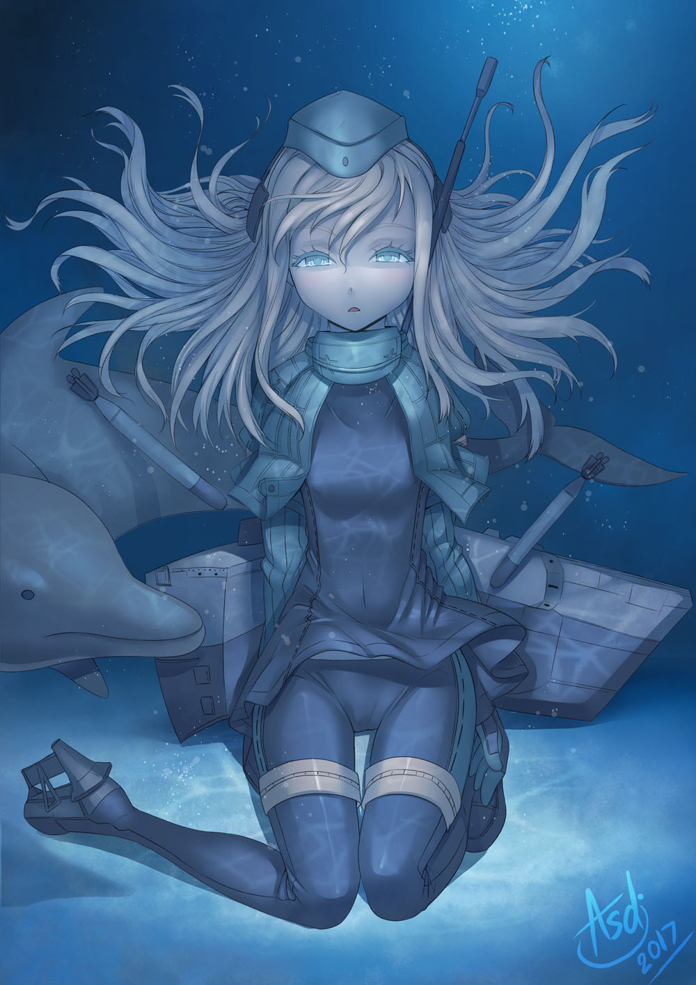 1girl 2017 artist_signature asdj blonde_hair blue_eyes d: dated dolphin garrison_cap hat highres kantai_collection long_hair open_mouth solo u-511_(kantai_collection) underwater
