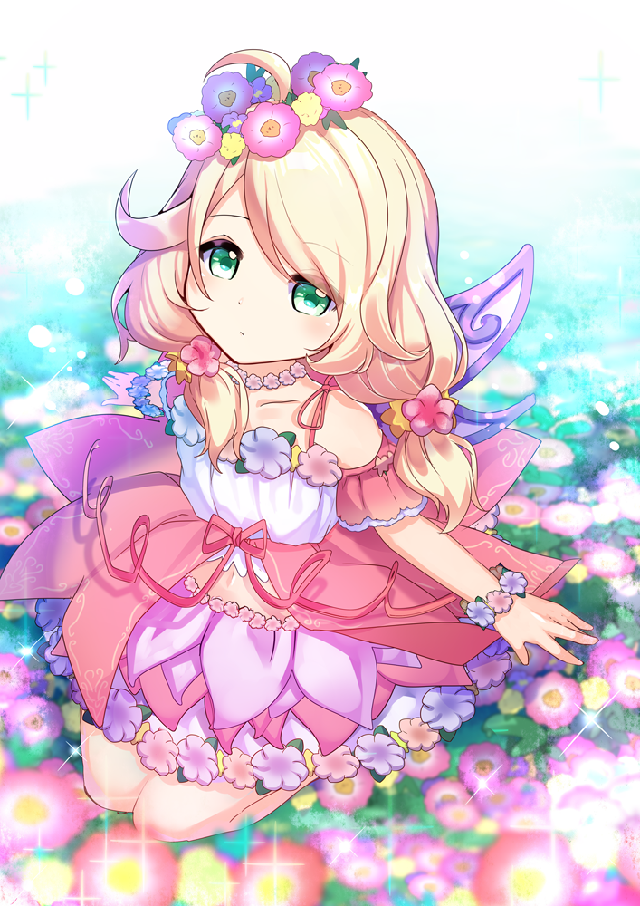 1girl arms_at_sides bangs blonde_hair closed_mouth collarbone detached_sleeves dress eyebrows eyebrows_visible_through_hair flower green_eyes hair_flower hair_ornament idolmaster idolmaster_cinderella_girls idolmaster_cinderella_girls_starlight_stage looking_at_viewer nyori red_ribbon ribbon short_hair short_hair_with_long_locks short_sleeves solo tareme twintails yusa_kozue