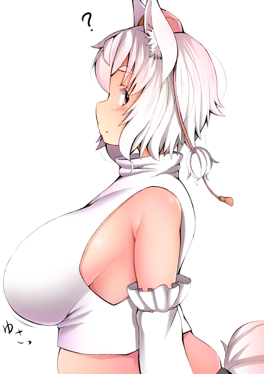 1girl :o ? animal_ears bare_shoulders belly blush bouncing_breasts breasts detached_sleeves fat gradient_hair hat highres huge_breasts inubashiri_momiji multicolored_hair no_bra pink_hair plump profile sagging_breasts shishi_juuroku short_hair sideboob sideways_mouth solo tail thick_eyebrows tokin_hat touhou translated turtleneck violet_eyes white_hair wolf_ears wolf_tail