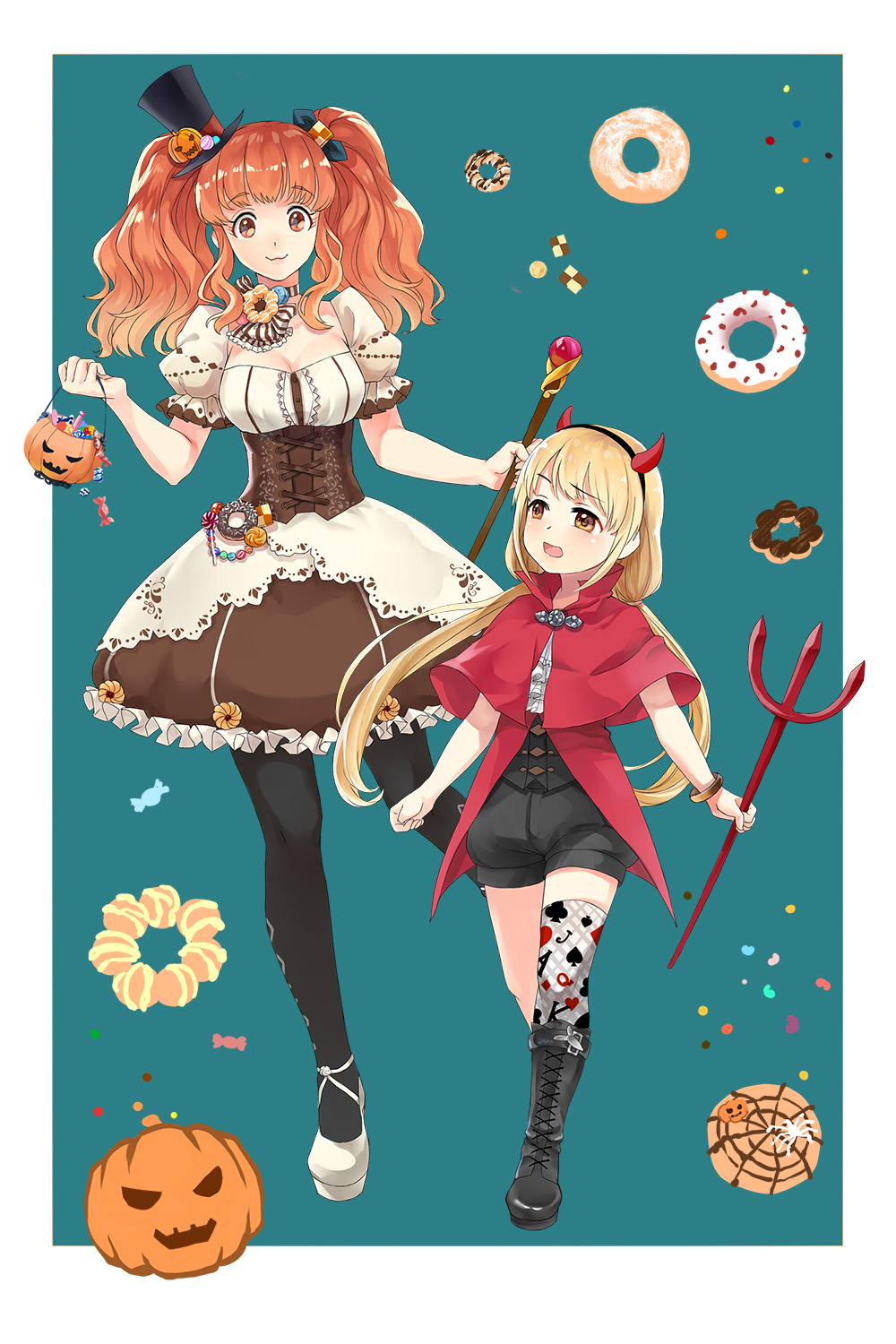 2girls :3 blonde_hair boots bracelet breasts brown_eyes brown_hair candy capelet choker cleavage corset demon_horns doughnut dress food frilled_dress frills full_body futaba_anzu hairband halloween hat highres horns idolmaster idolmaster_cinderella_girls jack-o'-lantern jewelry looking_at_another low_twintails mini_hat mini_top_hat moroboshi_kirari multiple_girls nuts_(pixiv616432) pantyhose pitchfork puffy_short_sleeves puffy_sleeves short_sleeves shorts single_thighhigh staff thigh-highs top_hat twintails wavy_hair