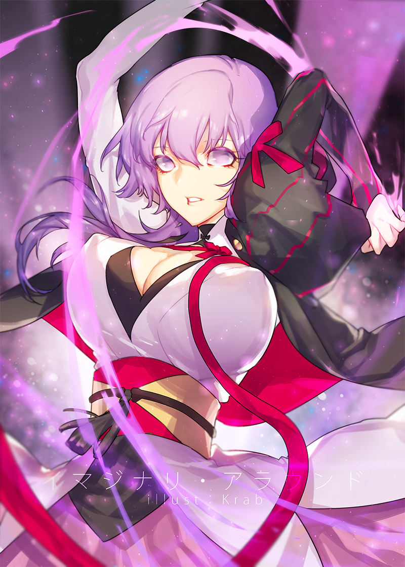 1girl arms_up bangs black_jacket breasts cleavage dress erect_nipples fate/grand_order fate_(series) hair_ribbon imaginary_around jacket japanese_clothes krab large_breasts long_hair long_sleeves looking_at_viewer matou_sakura obi open_clothes open_jacket parted_lips purple_hair ribbon sash solo upper_body violet_eyes