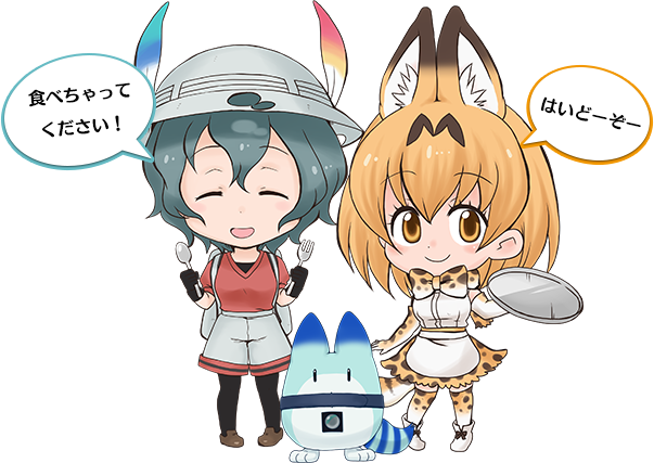 2girls ^_^ animal_ears animal_print ankle_boots apron arm_at_side artist_request backpack bag bare_shoulders black_gloves black_hair black_legwear black_ribbon blush_stickers boots bow bowtie brown_footwear brown_shoes bucket_hat chibi closed_eyes closed_mouth dot_nose elbow_gloves extra_ears eyebrows_visible_through_hair eyelashes facing_viewer fork full_body gloves hat hat_feather high-waist_skirt holding holding_fork holding_spoon holding_tray kaban_(kemono_friends) loafers looking_at_viewer lucky_beast_(kemono_friends) multiple_girls open_mouth orange_eyes orange_hair pantyhose pigeon-toed print_bow print_bowtie print_gloves print_legwear print_skirt promotional_art red_shirt ribbon sanpaku serval_(kemono_friends) serval_ears serval_print serval_tail shirt shoe_ribbon shoes short_hair short_sleeves shorts skirt sleeveless sleeveless_shirt speech_bubble spoon standing striped_tail tail tareme thigh-highs translation_request transparent_background tray waist_apron white_apron white_boots white_footwear white_shirt zettai_ryouiki |d
