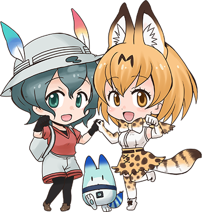 2girls :d animal_ears animal_print ankle_boots artist_request backpack bag bare_shoulders belt black_eyes black_gloves black_hair black_ribbon blush_stickers boots bow bowtie brown_belt brown_footwear brown_shoes bucket_hat chibi clenched_hand cross-laced_clothes dot_nose elbow_gloves extra_ears eyebrows_visible_through_hair eyelashes full_body gloves hair_between_eyes hand_holding hand_up hat hat_feather high-waist_skirt kaban_(kemono_friends) kemono_friends knees_together_feet_apart leg_lift loafers looking_at_viewer lowres lucky_beast_(kemono_friends) multiple_girls open_mouth orange_eyes orange_hair paw_pose pigeon-toed print_bow print_bowtie print_gloves print_legwear print_skirt promotional_art red_shirt ribbon serval_(kemono_friends) serval_ears serval_print serval_tail shirt shoe_ribbon shoes short_hair short_sleeves shorts skirt sleeveless sleeveless_shirt smile standing standing_on_one_leg striped_tail symmetrical_hand_pose tail tareme thigh-highs transparent_background white_boots white_footwear white_shirt zettai_ryouiki