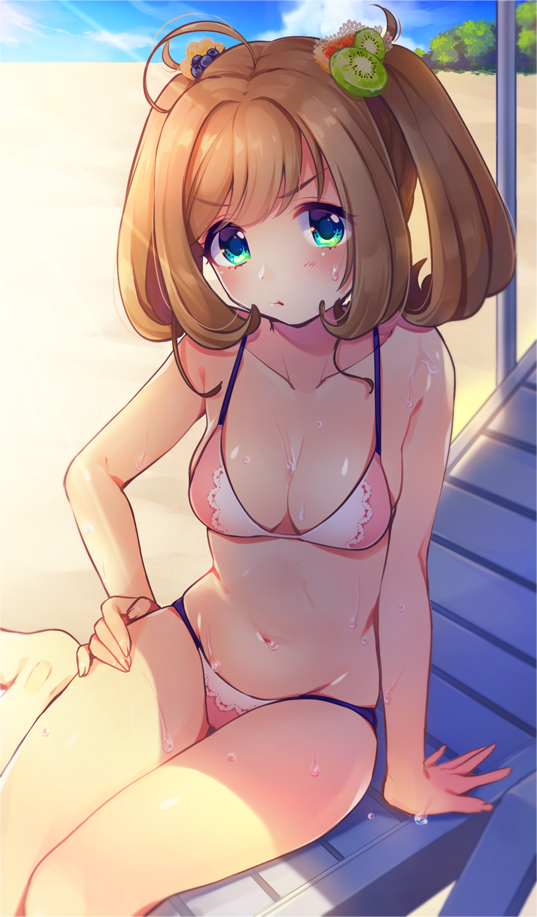 1girl :t ahoge arm_support bangs bbbannooo beach beach_chair bikini blonde_hair blue_eyes blueberry_hair_ornament blush breasts clouds cloudy_sky collarbone curly_hair eyebrows_visible_through_hair eyelashes food_themed_hair_ornament gradient_eyes grapefruit_hair_ornament hair_ornament hand_on_hip idolmaster idolmaster_cinderella_girls kiwifruit_hair_ornament medium_breasts medium_hair multicolored multicolored_eyes navel outdoors pink_bikini pout satou_shin shade shiny shiny_skin sidelocks sitting sky solo sunlight sweat swept_bangs swimsuit tree twintails wet