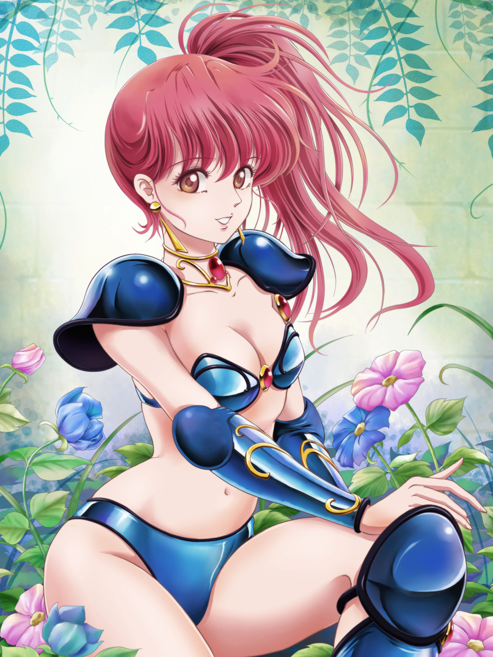 1girl armor asagiri_youko bikini_armor blue_boots boots breasts brown_eyes choker cleavage cowboy_shot earrings flower genmu_senki_leda highres jewelry knee_boots long_hair looking_at_viewer medium_breasts pauldrons ponytail redhead side_ponytail sitting smile solo tamanegiinyo