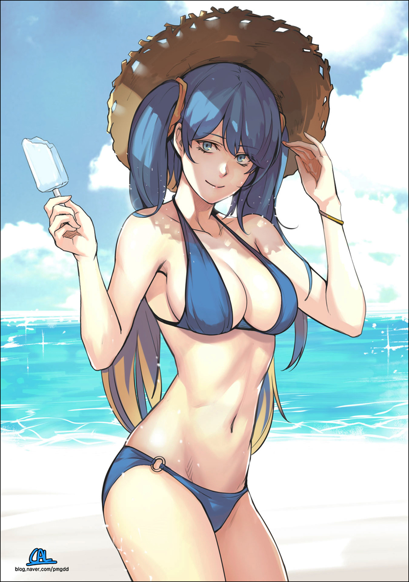 artist_name bangle bangs bare_arms bare_shoulders beach black_border blonde_hair blue_eyes blue_hair blue_sky border bracelet breasts brown_hat cal_(pmgdd) cleavage closed_mouth clouds collarbone commentary day eyebrows_visible_through_hair food gradient_hair halterneck hat holding holding_food horizon jewelry league_of_legends light_particles long_hair looking_at_viewer medium_breasts multicolored_hair o-ring_bikini o-ring_bottom outdoors popsicle sand shore sky smile sona_buvelle straw_hat thighs tsurime twintails water watermark web_address