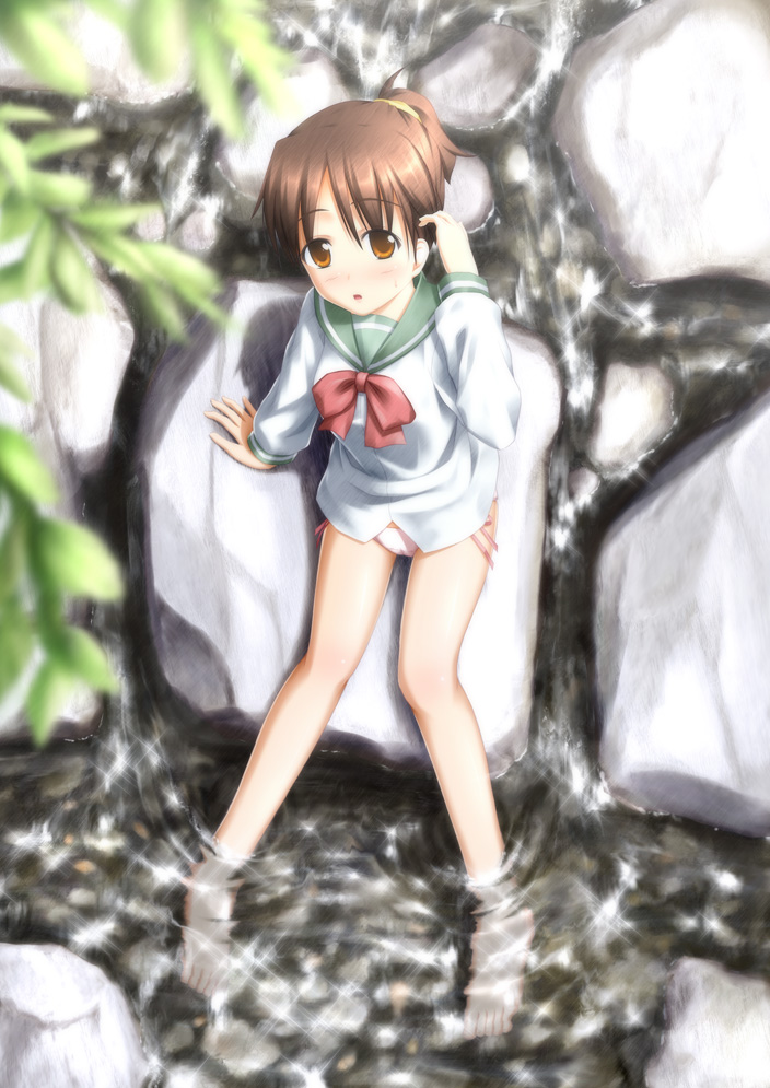 1girl barefoot brown_eyes brown_hair eyebrows_visible_through_hair flat_chest hirasawa_ui k-on! looking_at_viewer looking_up nature no_pants ogata open_mouth ponytail river rock school_swimsuit school_uniform serafuku short_hair solo swimsuit swimsuit_under_clothes wading water