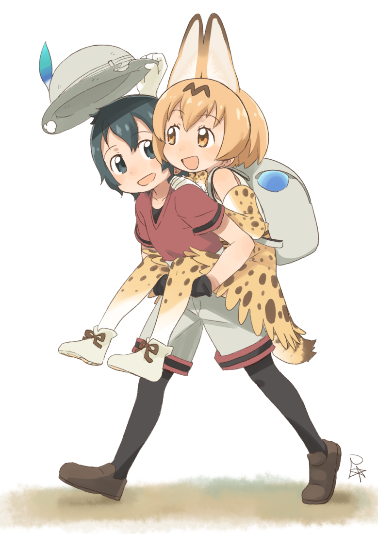 2girls :d animal_ears animal_print ankle_boots backpack bag bare_shoulders belt black_eyes black_gloves black_hair black_legwear blush boots bow bowtie brown_belt brown_footwear brown_ribbon brown_shoes bucket_hat carrying collarbone commentary_request dot_nose elbow_gloves extra_ears eye_contact eyebrows_visible_through_hair eyelashes full_body gloves grass grey_hat ground hand_on_another's_shoulder hat hat_removed headwear_removed holding holding_hat in_bag in_container kaban_(kemono_friends) kemono_friends light_brown_eyes loafers looking_at_another looking_to_the_side lucky_beast_(kemono_friends) multiple_girls nose_blush open_mouth orange_hair outdoors pantyhose piggyback pocket print_bow print_bowtie print_gloves print_legwear print_skirt red_shirt ribbon satsuyo serval_(kemono_friends) serval_ears serval_print serval_tail shadow shirt shoe_ribbon shoe_soles shoes short_hair short_sleeves shorts signature skirt sleeveless sleeveless_shirt smile striped_tail tail tareme thigh-highs walking white_background white_boots white_footwear white_shirt zettai_ryouiki