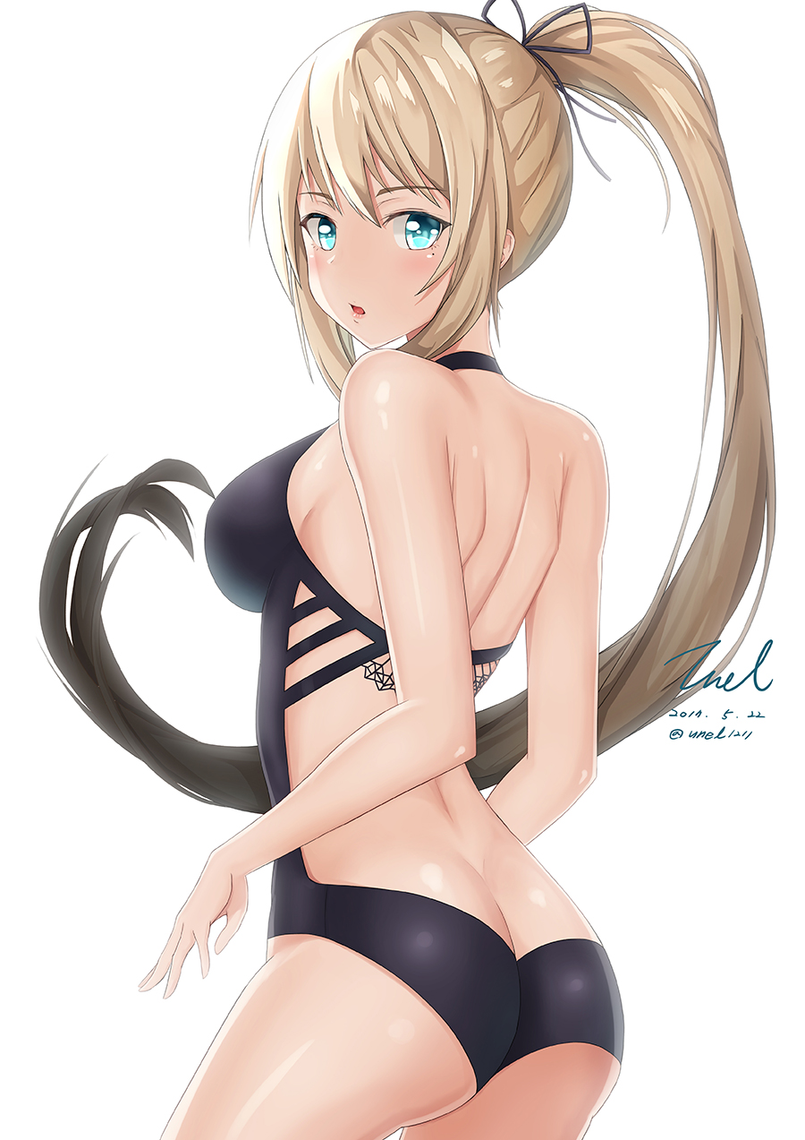 1girl ass backless_outfit bare_arms bare_back bare_shoulders black_ribbon black_swimsuit blonde_hair blue_eyes blush breasts butt_crack closers cowboy_shot from_behind hair_ribbon harpy_(closers) highres large_breasts long_hair looking_at_viewer looking_back one-piece_swimsuit parted_lips ribbon solo swimsuit unel1211 very_long_hair