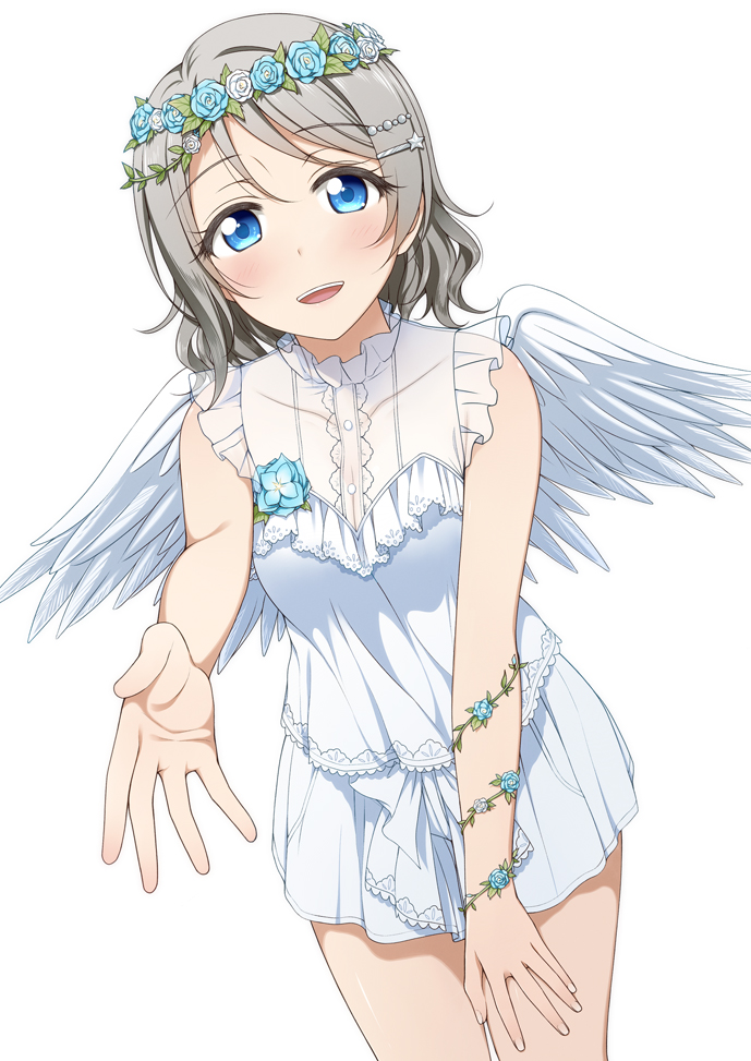 1girl angel aqua_eyes bangs blush breasts brown_hair cleavage collarbone dress eyebrows eyebrows_visible_through_hair flower hair_flower hair_ornament hairclip hand_on_thigh head_wreath looking_at_viewer love_live! love_live!_school_idol_project love_live!_sunshine!! open_mouth see-through short_hair short_sleeves simple_background solo suzume_miku teeth watanabe_you white_background white_dress white_wings wings