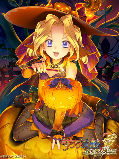 1girl ankle_boots arm_warmers bat bat_necklace blonde_hair blue_eyes boots bow copyright_name dress flat_chest glowing glowing_eyes grey_legwear hair_bow halloween hat high_collar huge_bow iris_chateaubriand jack-o'-lantern jewelry kneeling lantern necklace official_art pantyhose paper_lantern plaid plaid_bow print_legwear pumpkin purple_bow sakura_taisen sleeveless sleeveless_dress solo spider spider_web_print tree witch witch_hat yuasa_tsugumi