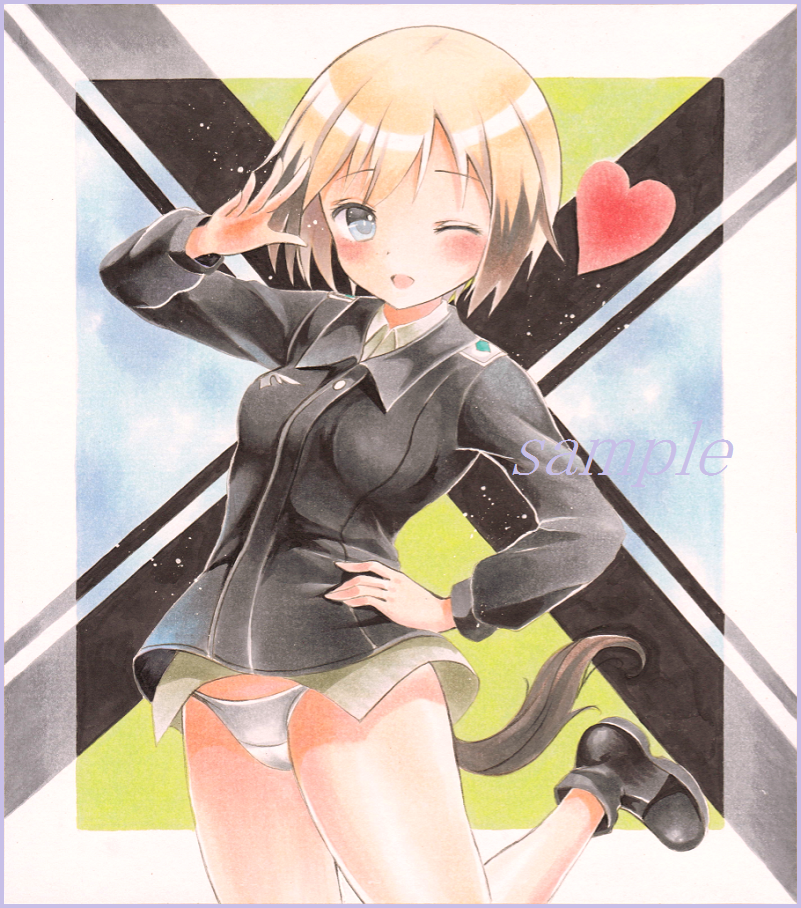 1girl ;d arm_up bangs blonde_hair blue_eyes blush bomber_jacket boots brown_hair colored_pencil_(medium) erica_hartmann eyebrows_visible_through_hair grey_panties hand_on_hip heart highlights jacket leg_up looking_at_viewer marker_(medium) multicolored_hair no_socks one_eye_closed open_mouth panties potto sample short_hair smile solo strike_witches tail thighs traditional_media two-tone_hair underwear world_witches_series