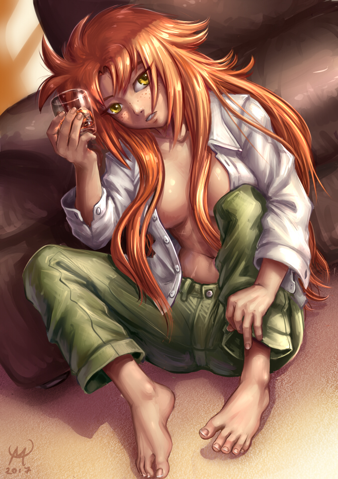 1girl abs alcohol barefoot breasts casual contemporary feet fingernails freckles glass green_pants les_chevaucheurs long_hair looking_at_viewer maxa' medium_breasts open_clothes open_skirt orange_hair pants parted_lips phenice_walholl scar sitting skirt slouching solo toenails toes unbuttoned unbuttoned_shirt whiskey yellow_eyes