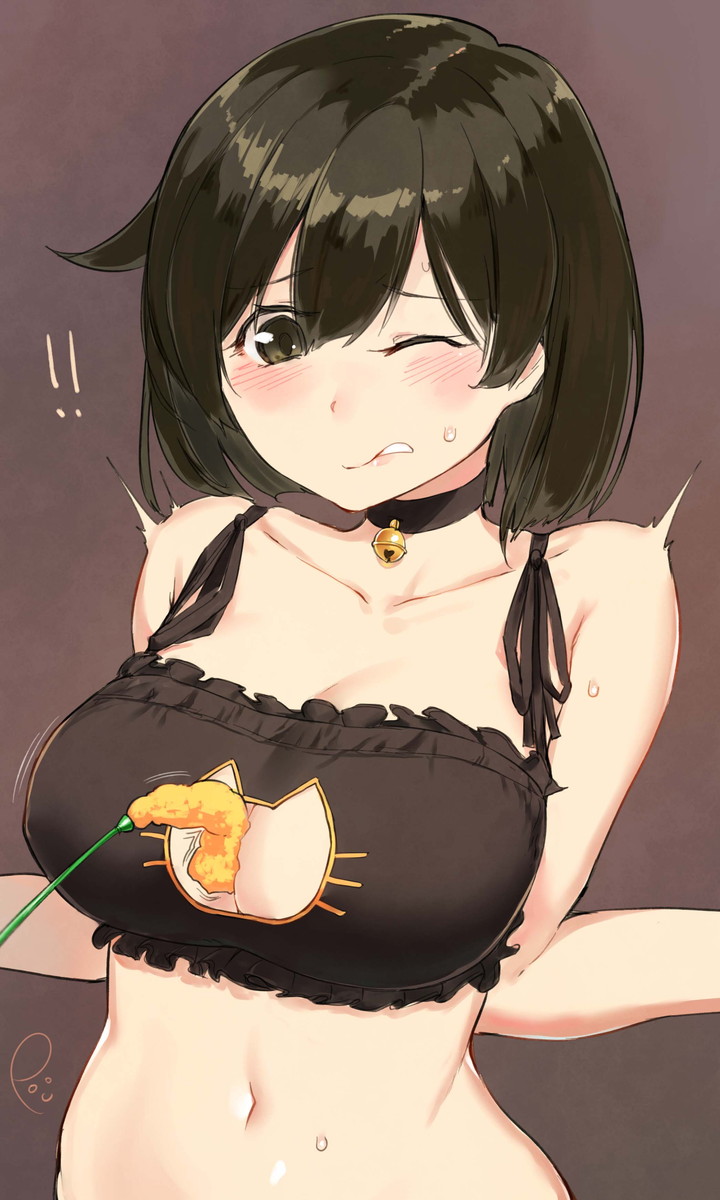 !! 1girl ;o bare_shoulders bell bell_choker between_breasts black_bra black_choker blush bra breasts brown_background brown_hair cat_cutout cat_lingerie cat_teaser choker cleavage cleavage_cutout clenched_teeth collarbone commentary_request hands highres hiryuu_(kantai_collection) holding jingle_bell kantai_collection large_breasts meme_attire midriff motion_lines navel one_eye_closed parted_lips poco_(backboa) poking short_hair signature simple_background smiley_face solo surprised sweatdrop teeth underwear upper_body wince