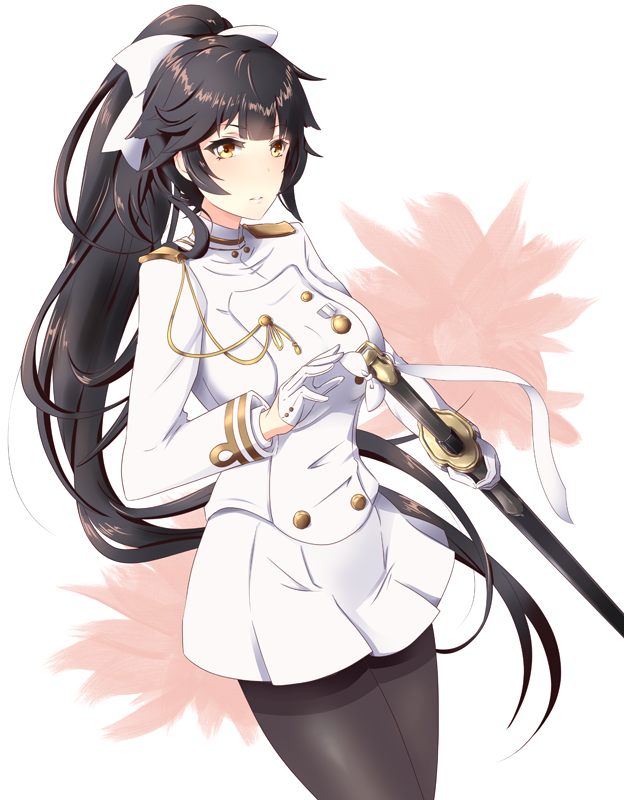 1girl aiguillette azur_lane bangs black_hair black_legwear blunt_bangs blush bow breasts brown_eyes buttons double-breasted eyebrows_visible_through_hair gloves gudon_(iukhzl) hair_bow hair_flaps half_gloves holding holding_sword holding_weapon katana large_breasts long_hair looking_at_viewer medal military military_uniform pantyhose parted_lips pleated_skirt ponytail sidelocks skirt solo sword takao_(azur_lane) thighband_pantyhose uniform very_long_hair weapon white_bow white_gloves