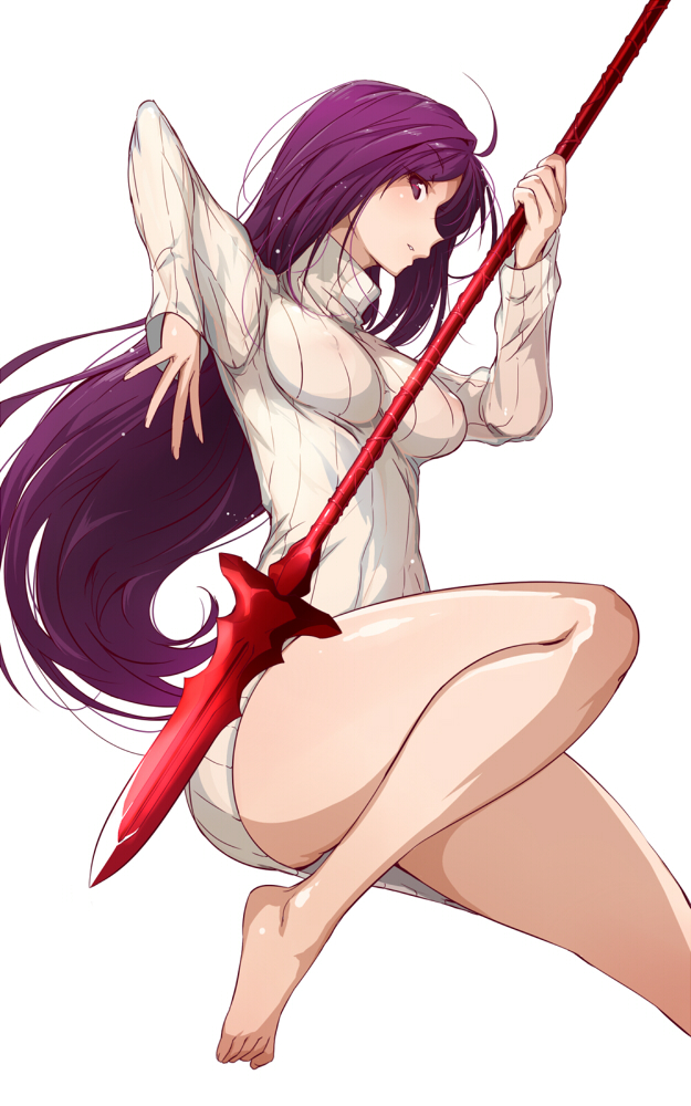 1girl ass barefoot bottomless erect_nipples fate/grand_order fate_(series) long_hair polearm purple_hair scathach_(fate/grand_order) simple_background solo spear tokiwa_mmm turtleneck violet_eyes weapon white_background