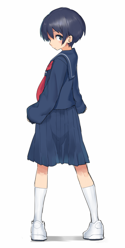 1girl black_hair blue_eyes blue_shirt blue_skirt blush closed_mouth expressionless from_behind full_body kneehighs long_sleeves looking_back medium_skirt neckerchief original pleated_skirt red_neckerchief school_uniform serafuku shinbasaki shirt shoes short_hair simple_background skirt sleeves_past_wrists sneakers solo standing tareme white_background white_legwear white_shoes