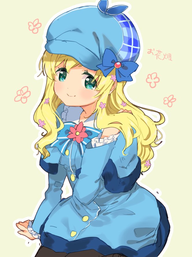 1girl :&gt; adjusting_hair aqua_eyes arm_support bangs beige_background black_legwear blonde_hair blue_dress blue_hat blue_ribbon blush buttons capelet closed_mouth collared_dress cordelia_glauca detective dot_nose dress eyelashes floral_background flower frilled_sleeves frills fur-trimmed_capelet fur_trim gem hair_flower hair_ornament hand_in_hair hat hat_ribbon long_hair long_sleeves looking_at_viewer mofun neck_ribbon outline pantyhose pink_flower plaid plaid_hat ribbon sitting smile solo swept_bangs tantei_opera_milky_holmes tareme uniform wavy_hair white_outline yellow_buttons