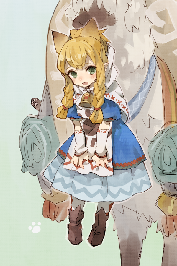 1girl animal_ears bell blonde_hair braid capelet cat_ears detached_sleeves dress extra_ears green_eyes hanging layered_dress long_hair meowstress monster_hunter monster_hunter_x moofah pointy_ears smile solo_focus soto twin_braids