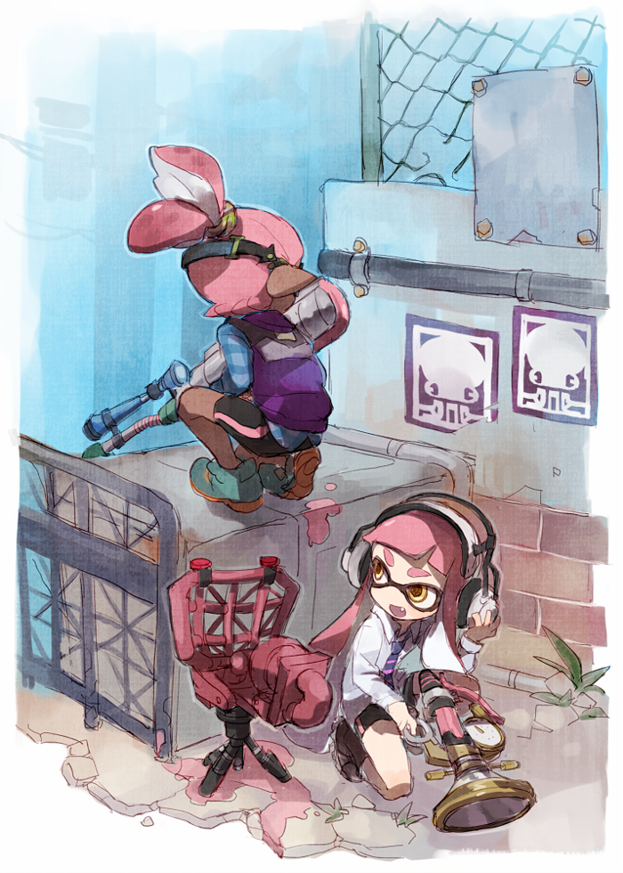 1boy 1girl :d ankle_boots aqua_shoes bangs bike_shorts black_shorts blue_shirt blunt_bangs boots brown_eyes brown_shoes chain-link_fence checkered_shirt collared_shirt dark_skin e-liter_3k_(splatoon) echolocator_(splatoon) facing_away fang fence grass grey_shirt gun headphones holding holding_gun holding_weapon ink inkling long_sleeves looking_back necktie one_knee open_mouth outdoors pink_hair pipes pointy_ears poster_(object) purple_necktie purple_vest rifle shirt shoes shorts smile sniper_rifle soto splatoon sploosh-o-matic_(splatoon) tentacle_hair thick_eyebrows twintails vest weapon wing_collar yellow_eyes