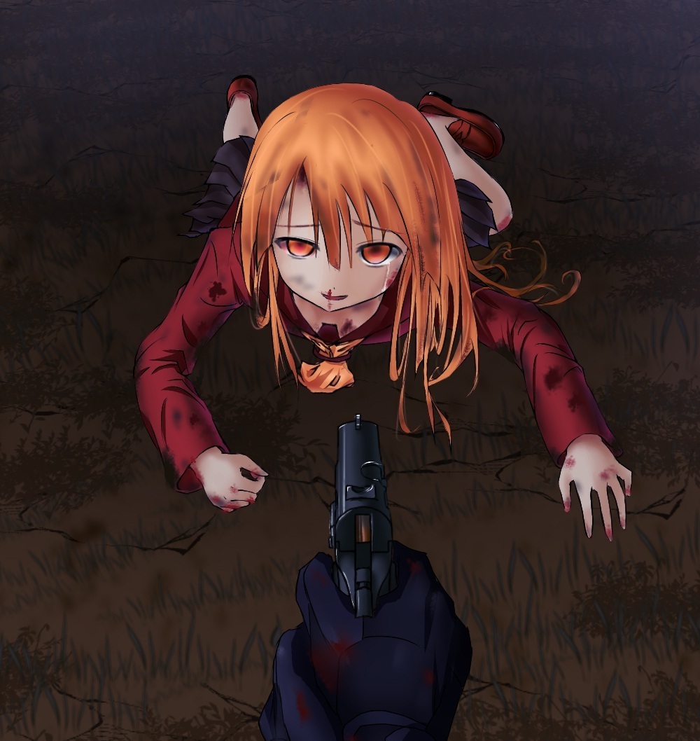 1girl aiming blood blood_stain bloody_nose bruise cracked_dirt crawling dirty_clothes dirty_face downblouse dried_blood field fog grass gun gunsight handgun holding holding_gun holding_weapon injury jpeg_artifacts nekozame night orange_eyes orange_hair pistol pointing_weapon pov school_uniform solo_focus tears weapon weapon_request zombie