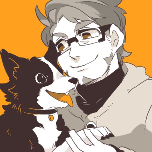 1boy ahoge beard collar commentary_request dog facial_hair glasses lowres nana_(raiupika) original smile sweater