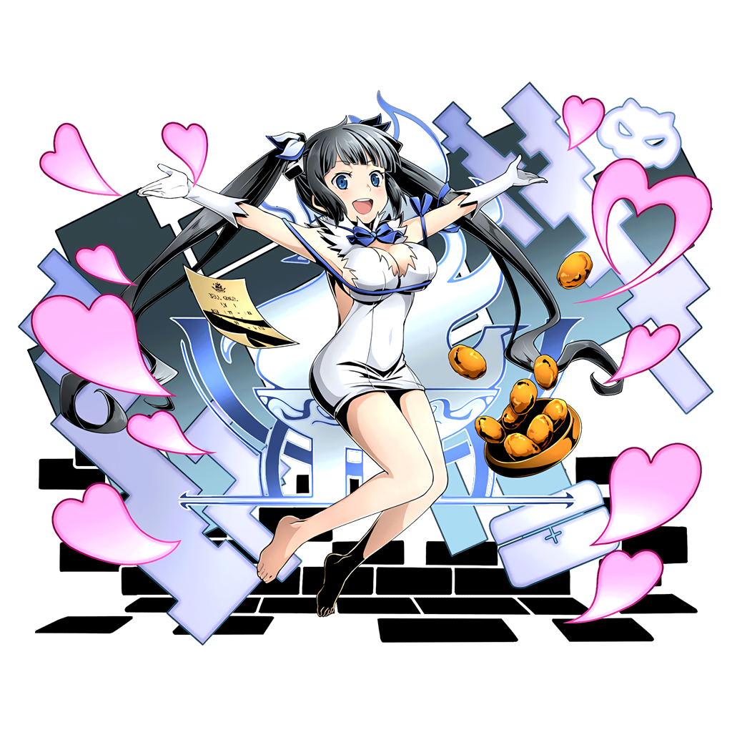 1girl :d barefoot black_hair blue_bow blue_eyes blue_ribbon bow breasts cleavage divine_gate dress dungeon_ni_deai_wo_motomeru_no_wa_machigatteiru_darou_ka elbow_gloves food full_body gloves grey_ribbon hair_ribbon heart hestia_(danmachi) large_breasts long_hair looking_at_viewer open-back_dress open_mouth outstretched_arms ribbon shadow short_dress sleeveless sleeveless_dress smile solo transparent_background twintails ucmm very_long_hair white_dress white_gloves