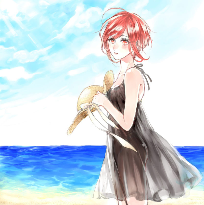 1girl alternate_costume beach black_dress datte_waka dress hat no.6 red_eyes redhead safu see-through_silhouette short_hair solo sun_hat sundress