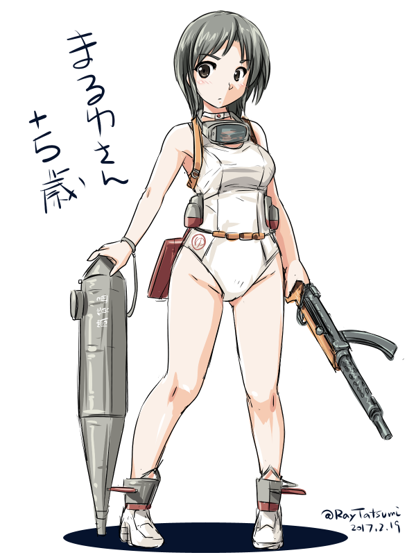 1girl alternate_breast_size bangs black_hair brown_eyes dated diving_mask gun kantai_collection looking_at_viewer maru-yu_(kantai_collection) older parted_bangs school_swimsuit short_hair signature solo submachine_gun swimsuit tatsumi_rei translated twitter_username type_100 weapon white_school_swimsuit white_swimsuit