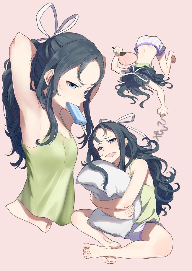 1girl alternate_hairstyle armpits black_hair blue_eyes camisole commentary_request dying_message fan food hair_between_eyes hair_ribbon high_ponytail ice_cream kantai_collection katsuragi_(kantai_collection) long_hair object_hug pillow ribbon shorts simple_background smile solo sweatdrop tachikoma_(mousou_teikoku) wavy_hair white_ribbon
