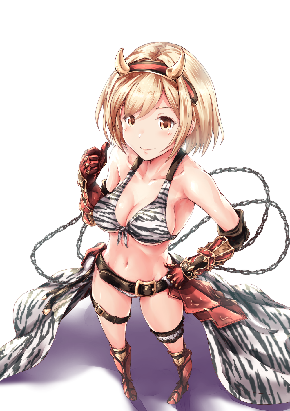 1girl alternate_costume animal_print bare_shoulders bikini blonde_hair blush breasts brown_eyes cleavage collarbone commentary_request djeeta_(granblue_fantasy) fake_horns from_above full_body ganari_ryuu gauntlets granblue_fantasy hairband hand_on_hip highres large_breasts looking_at_viewer midriff navel ogre_(granblue_fantasy) short_hair smile swimsuit thighs under_boob zebra_print