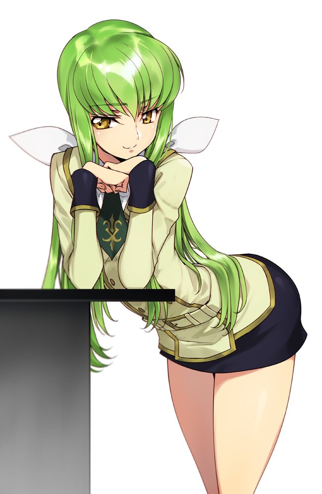 1girl arm_support bangs belt belt_buckle black_skirt blush buckle buttons c.c. code_geass cowboy_shot creayus green_hair green_necktie hair_between_eyes hair_ribbon leaning_forward long_hair long_sleeves miniskirt necktie parted_lips ribbon shiny shiny_skin sidelocks simple_background skirt sleeve_cuffs smile solo standing table thighs tsurime uniform very_long_hair white_background white_ribbon yellow_eyes