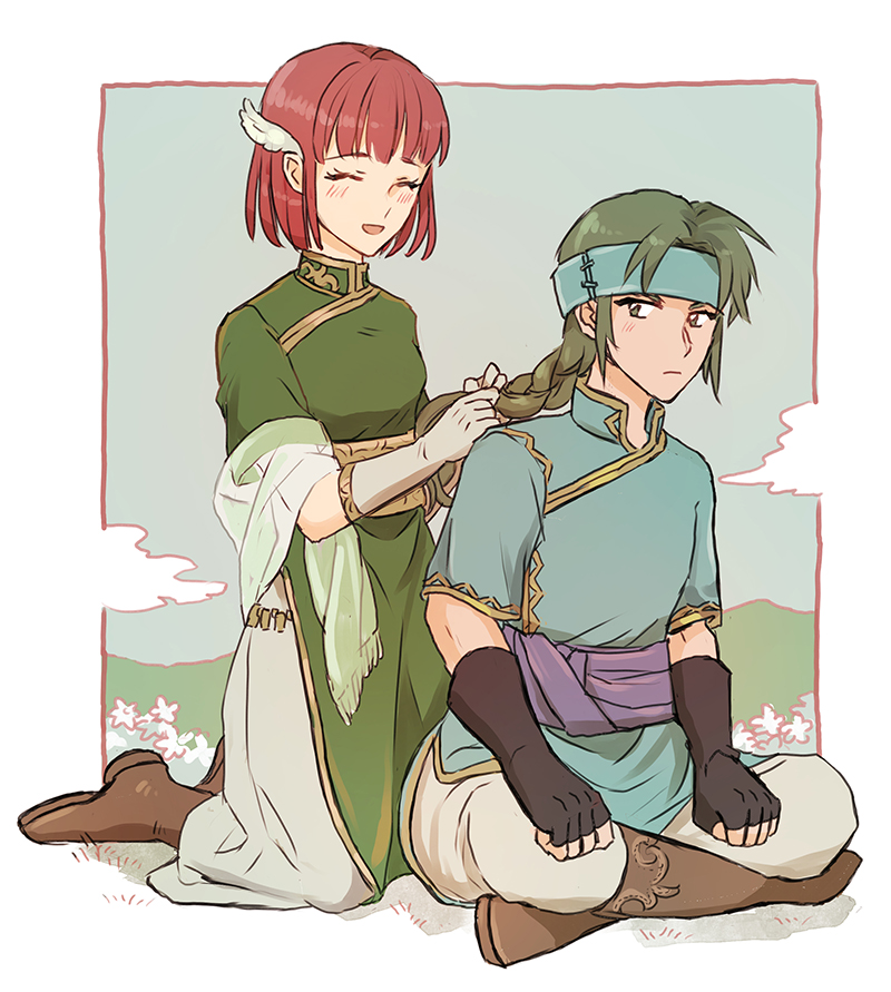 1boy 1girl ^_^ ^o^ black_gloves blush boots braid braiding_hair breasts closed_eyes dress fingerless_gloves fire_emblem fire_emblem:_rekka_no_ken full_body gloves green_eyes green_hair guy_(fire_emblem) hairdressing hand_in_another's_hair headband indian_style kneeling long_hair looking_at_another looking_back noshima open_mouth pants ponytail priscilla_(fire_emblem) redhead sash shirt short_hair sitting smile white_gloves wing_hair_ornament