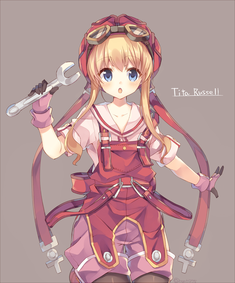 1girl :o blonde_hair blue_eyes brown_gloves character_name eiyuu_densetsu gloves goggles goggles_on_head goggles_on_headwear helmet holding_wrench long_hair looking_at_viewer multicolored multicolored_clothes multicolored_gloves overalls pants pants_rolled_up pink_gloves red_helmet red_overalls rento_(rukeai) sailor_collar solo sora_no_kiseki tita_russell wrench