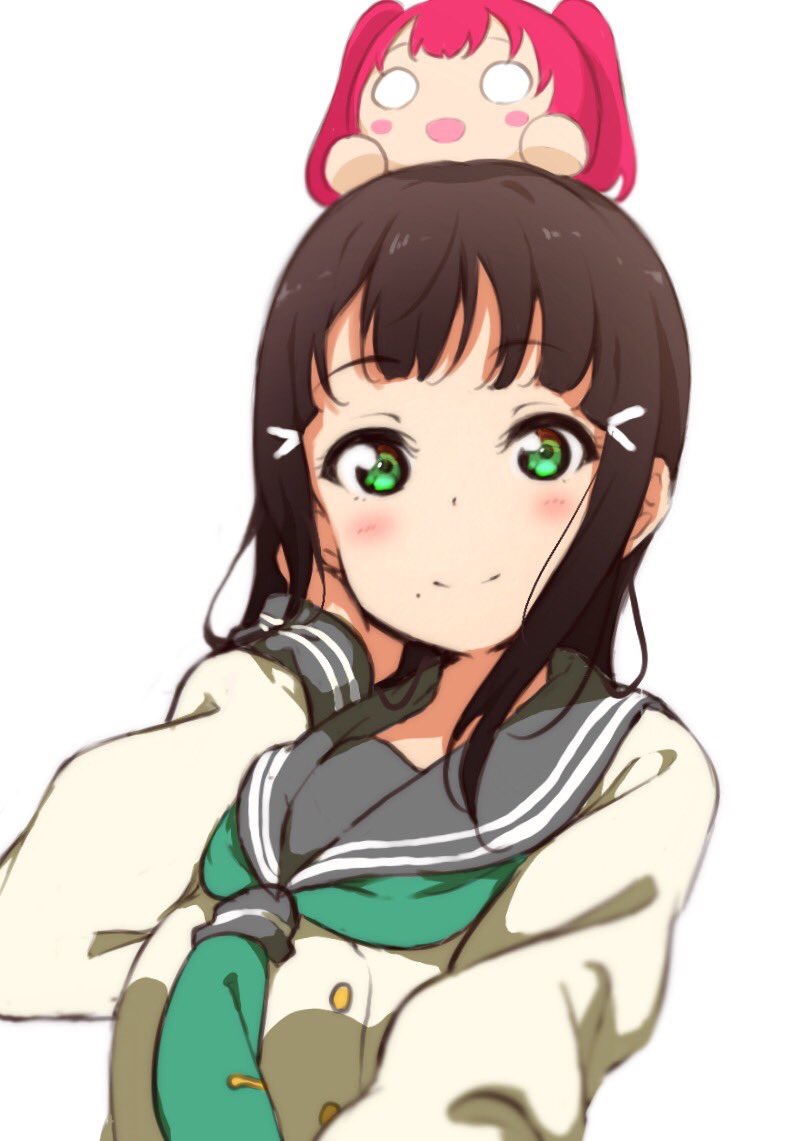 1girl aqua_neckerchief bangs black_hair blush blush_stickers character_doll doll_on_head green_eyes hair_tucking icehotmilktea kurosawa_dia kurosawa_ruby long_hair long_sleeves looking_at_viewer love_live! love_live!_sunshine!! mole mole_under_mouth neckerchief o_o school_uniform self_shot serafuku solo tie_clip upper_body white_background