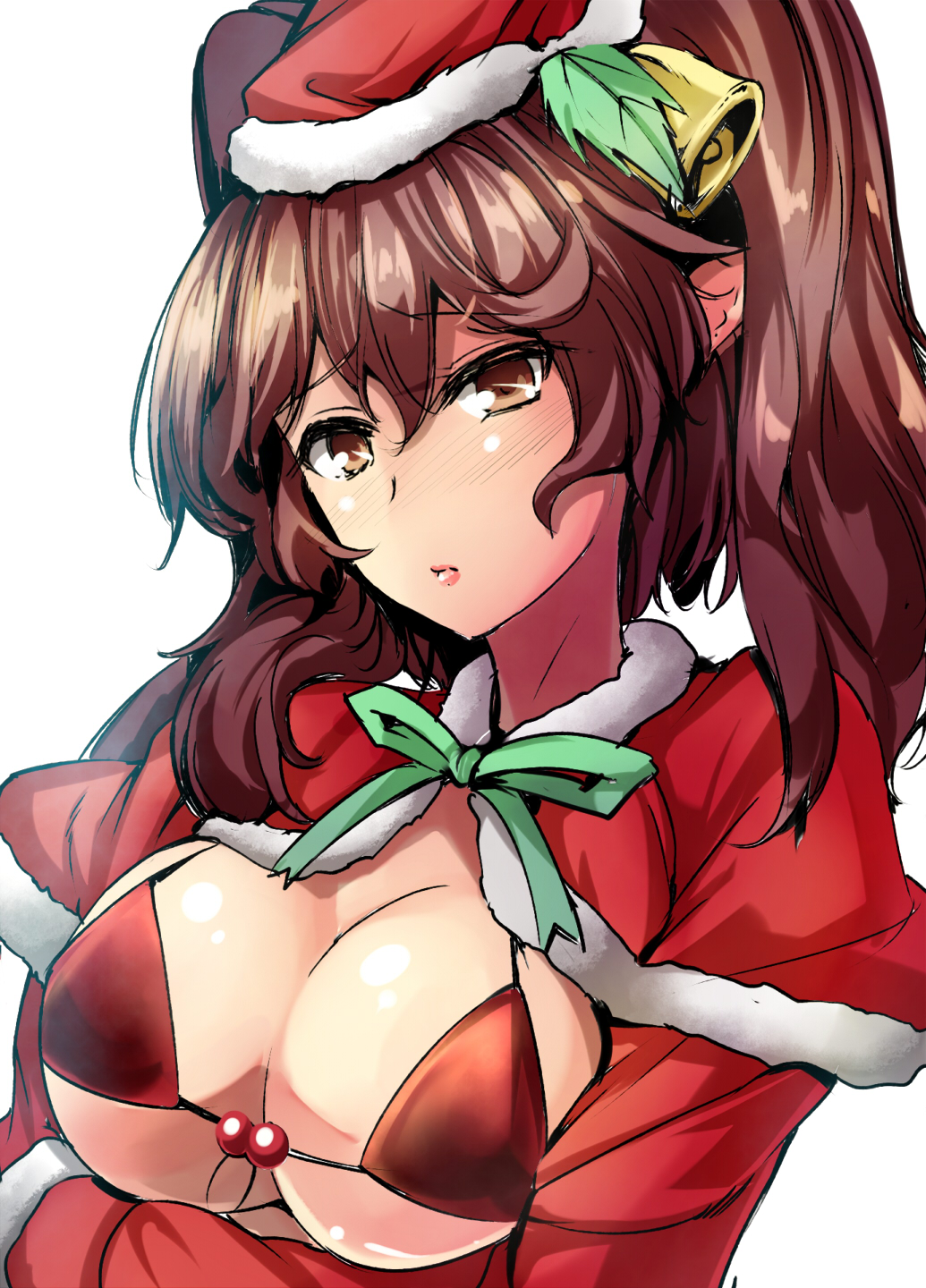 1girl alternate_costume bangs bell bikini blush breast_hold breasts brown_eyes brown_hair capelet christmas cleavage closed_mouth commentary_request hair_between_eyes hair_ornament hat highres himekaidou_hatate large_breasts leaf_hair_ornament long_hair long_sleeves looking_at_viewer pointy_ears red_bikini santa_costume santa_hat solo swimsuit touhou twintails upper_body y2