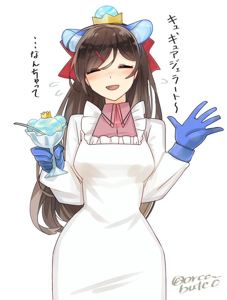 1girl animal_ears bear_ears blue_gloves brown_hair cosplay cure_gelato cure_gelato_(cosplay) facing_viewer food glass gloves hair_ribbon ice_cream kantai_collection kappougi kirakira_precure_a_la_mode long_hair mamiya_(kantai_collection) precure red_ribbon ribbon solo twitter_username yamashiki_(orca_buteo)