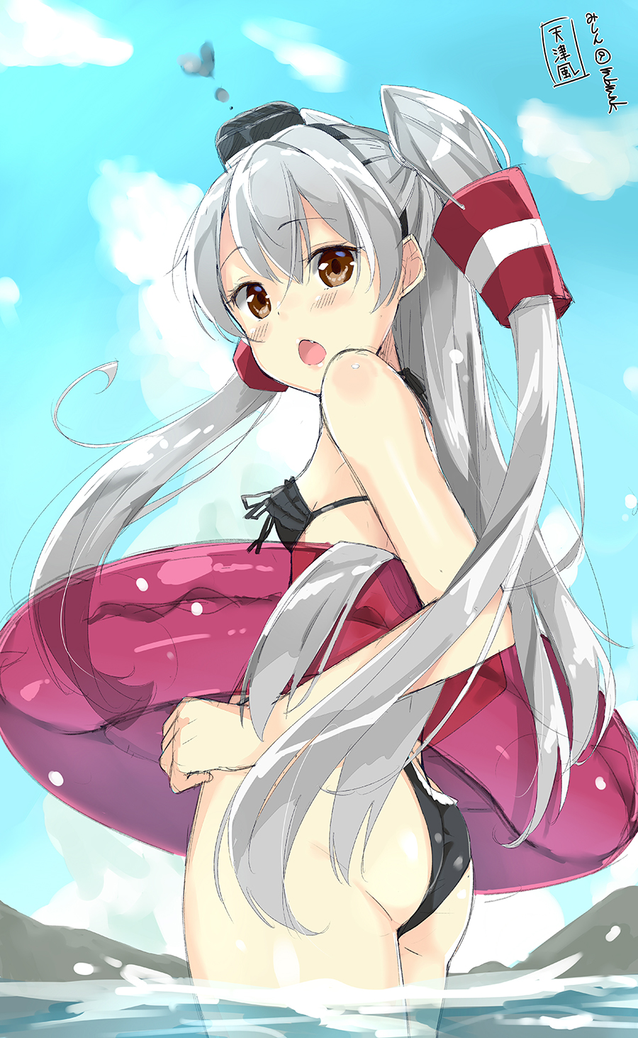 1girl :o amatsukaze_(kantai_collection) artist_name ass bare_shoulders bikini black_bikini blue_sky blush breasts brown_eyes clouds commentary_request cowboy_shot day eyebrows_visible_through_hair front-tie_bikini front-tie_top heart highres innertube kantai_collection long_hair looking_at_viewer looking_back mishin_(mbmnk) open_mouth partially_submerged see-through sideboob silver_hair sky small_breasts smoke solo standing swimsuit wading water