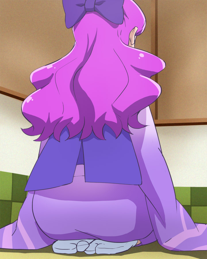 1girl bow from_behind hair_bow haruyama_kazunori japanese_clothes kimono kirakira_precure_a_la_mode kotozume_yukari long_hair precure purple_hair sitting solo wariza