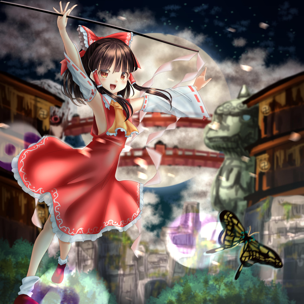 1girl armpits ascot bow breasts brown_eyes brown_hair detached_sleeves dress hair_bow hair_tubes hakurei_reimu hidden_star_in_four_seasons no_bra nontraditional_miko open_mouth red_dress shounen_(hogehoge) sleeveless sleeveless_dress small_breasts touhou transparent_sleeves