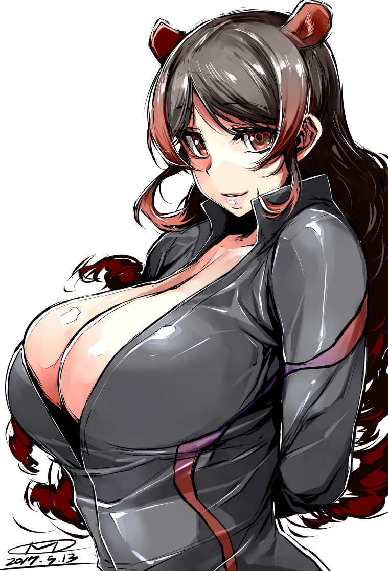 1girl animal_ears arms_behind_back black_hair blush bodysuit breasts bursting_breasts cleavage happa_(cloverppd) hippopotamus_(kemono_friends) hippopotamus_ears kemono_friends large_breasts long_hair multicolored_hair parted_lips red_eyes redhead shirt smile solo two-tone_hair upper_body