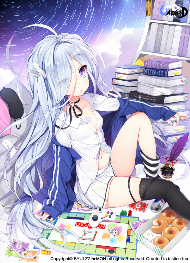 1girl :o ahoge black_legwear black_ribbon blue_eyes blue_hair board_game book book_stack byulzzimon controller copyright_name doughnut eyebrows_visible_through_hair eyes_visible_through_hair food game_controller hair_over_one_eye heterochromia ink_bottle jacket kneehighs long_hair miniskirt mismatched_legwear monopoly navel neck_ribbon official_art open_mouth open_track_jacket pleated_skirt quill red_bull ribbon single_kneehigh single_thighhigh sitting skirt striped striped_legwear thigh-highs thighs unleashed very_long_hair violet_eyes watermark white_legwear white_skirt